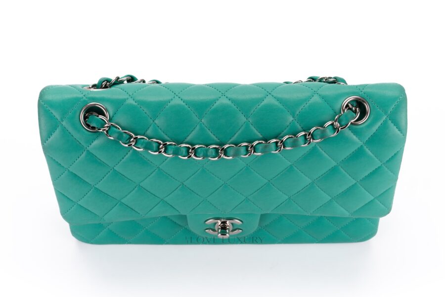 Chanel-Medium-Classic-Flap-Green-Lambskin-Silver-Hardware-10