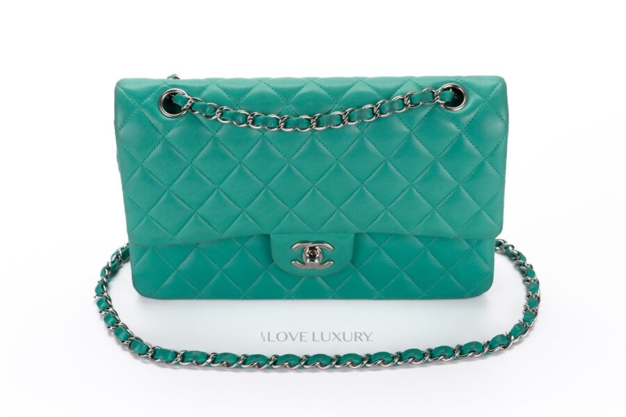 Chanel-Medium-Classic-Flap-Green-Lambskin-Silver-Hardware-11