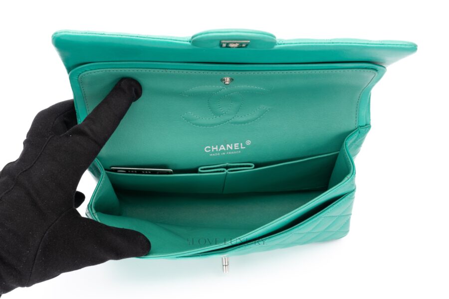 Chanel-Medium-Classic-Flap-Green-Lambskin-Silver-Hardware-14
