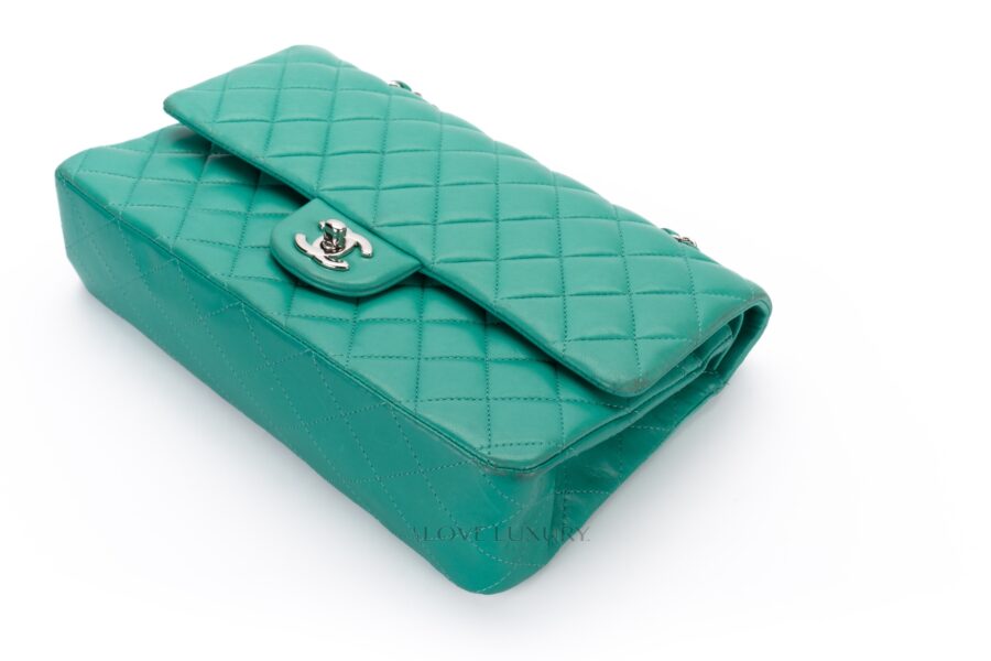 Chanel-Medium-Classic-Flap-Green-Lambskin-Silver-Hardware-16