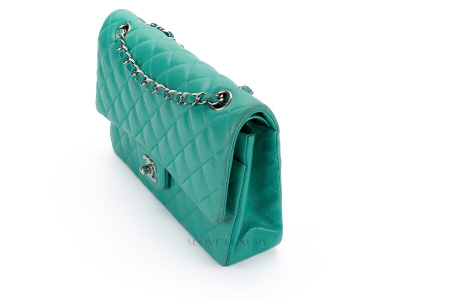 Chanel-Medium-Classic-Flap-Green-Lambskin-Silver-Hardware-9